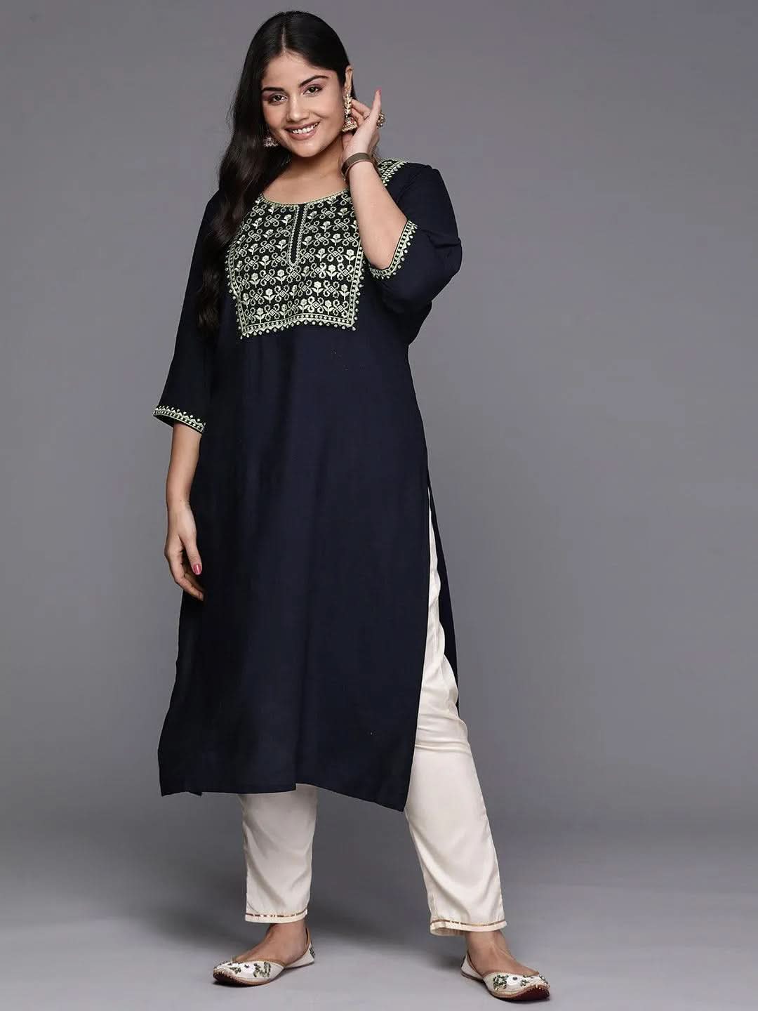 Navy Blue Yoke Design Rayon Straight Kurta - Libas 