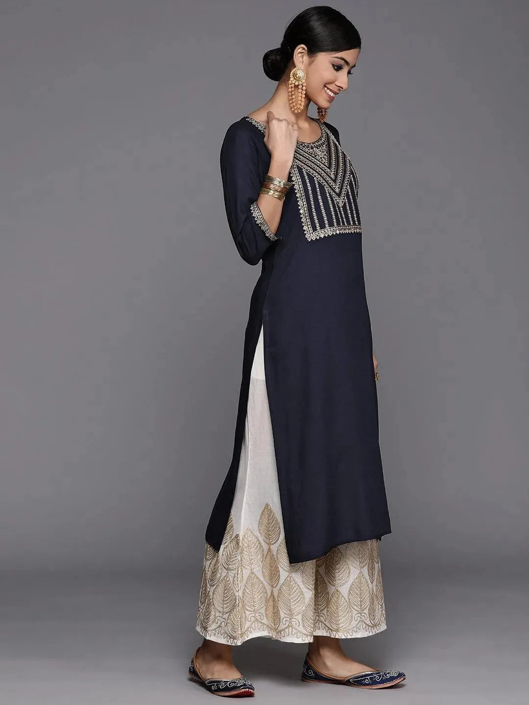 Navy Blue Yoke Design Rayon Straight Kurta - Libas 