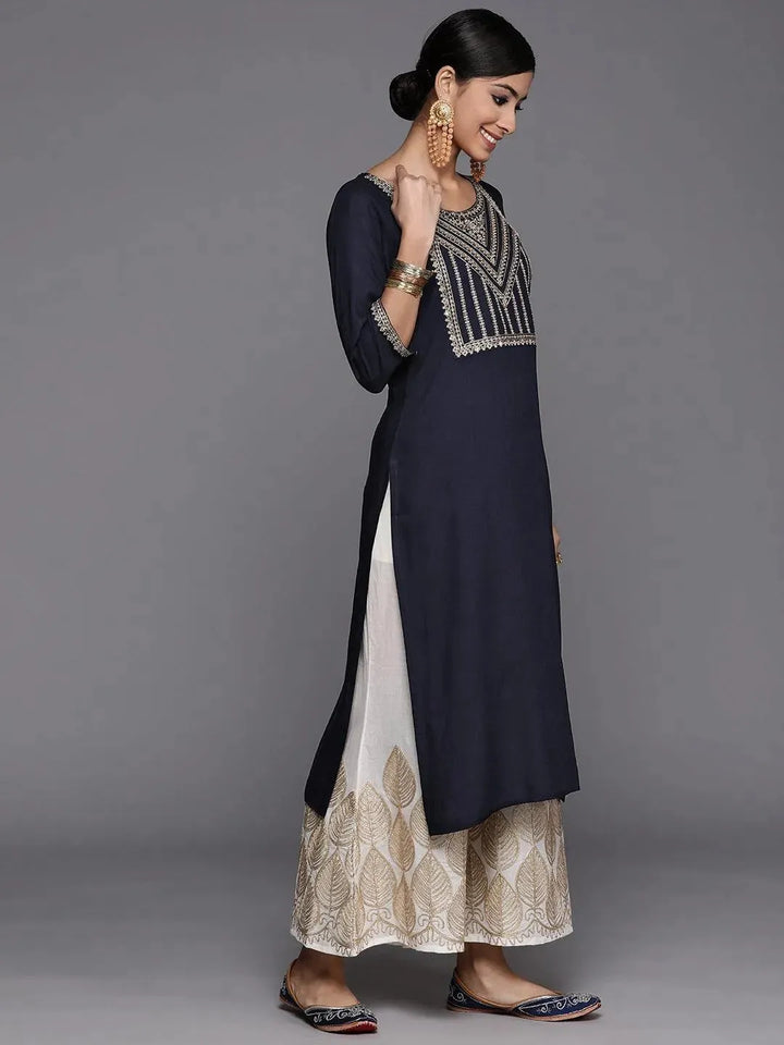 Navy Blue Yoke Design Rayon Straight Kurta - Libas