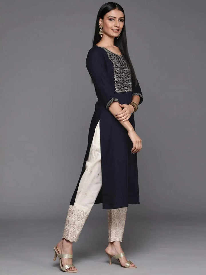 Navy Blue Yoke Design Rayon Straight Kurta - Libas