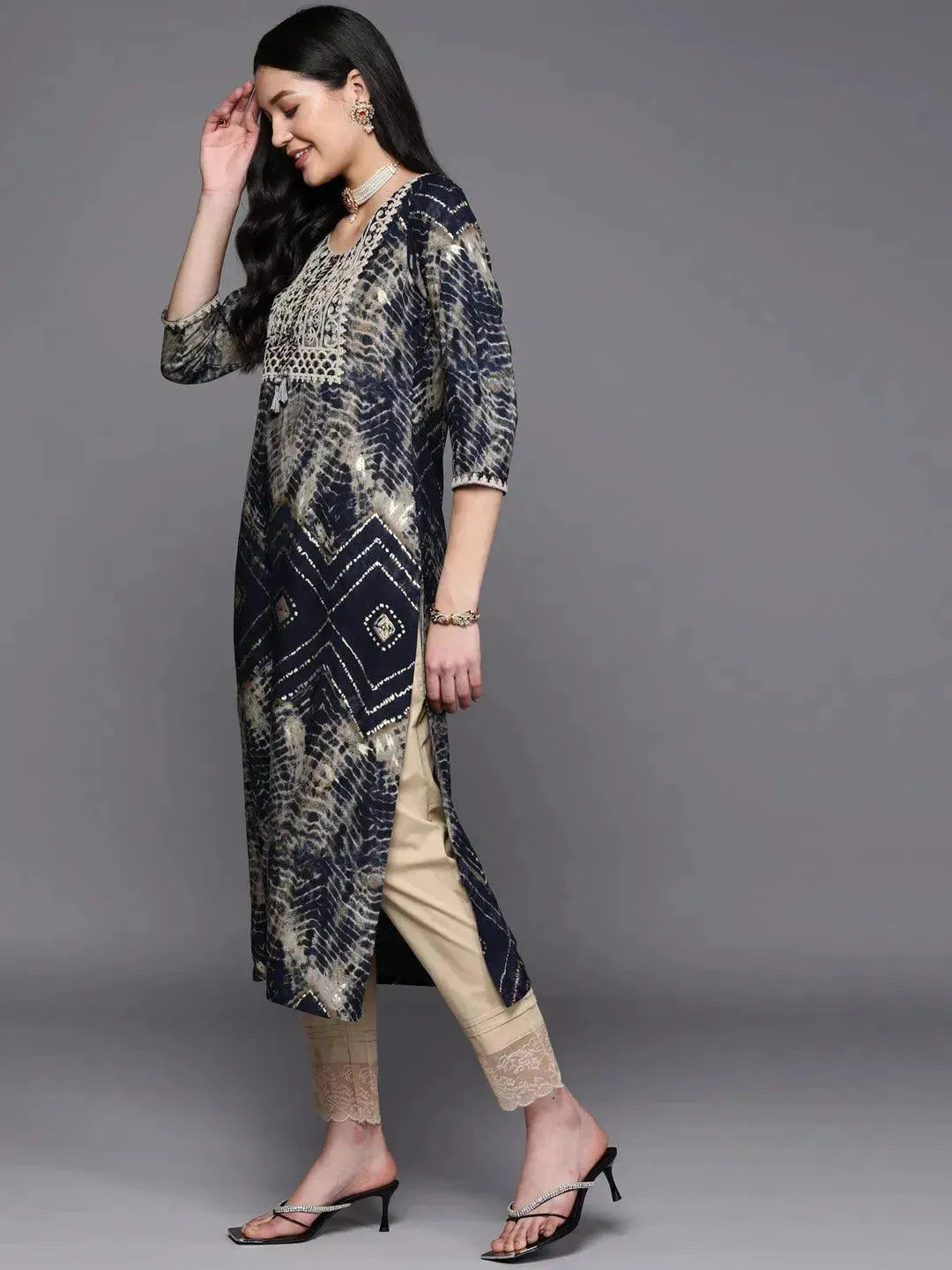 Navy Blue Yoke Design Rayon Straight Kurta - Libas