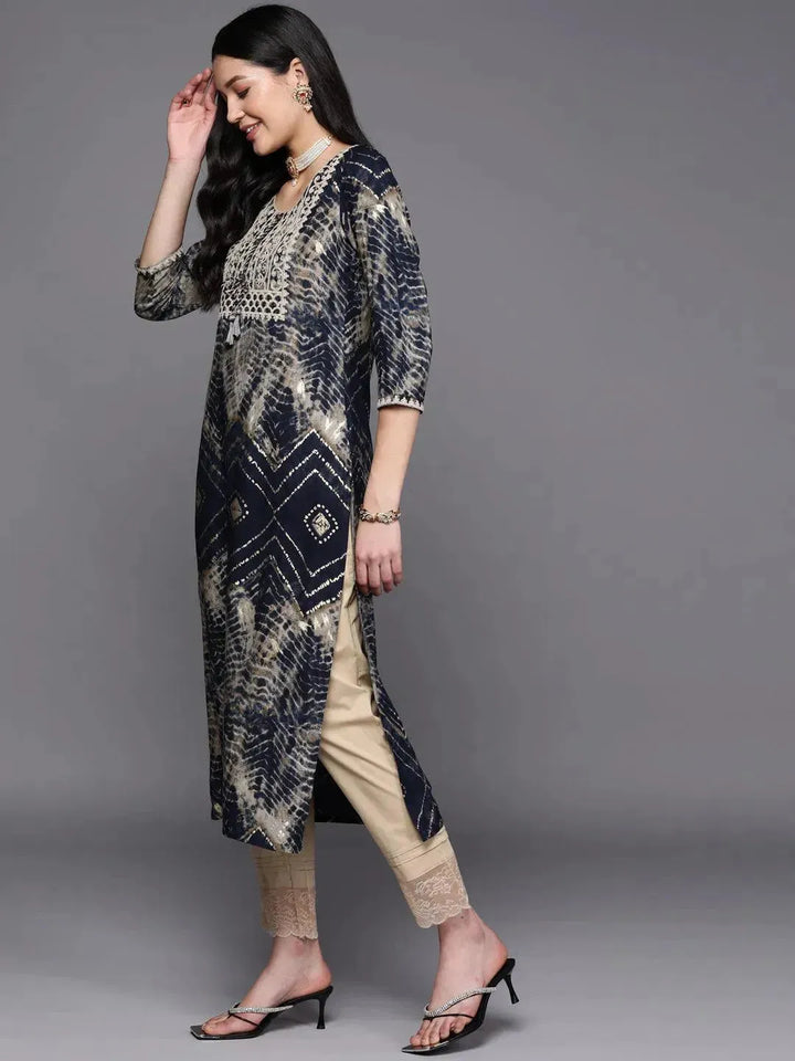 Navy Blue Yoke Design Rayon Straight Kurta - Libas