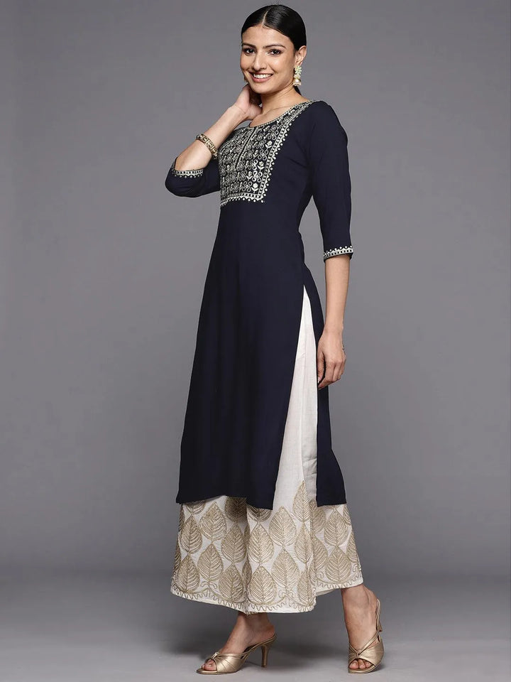 Navy Blue Printed Rayon Straight Kurta - Libas