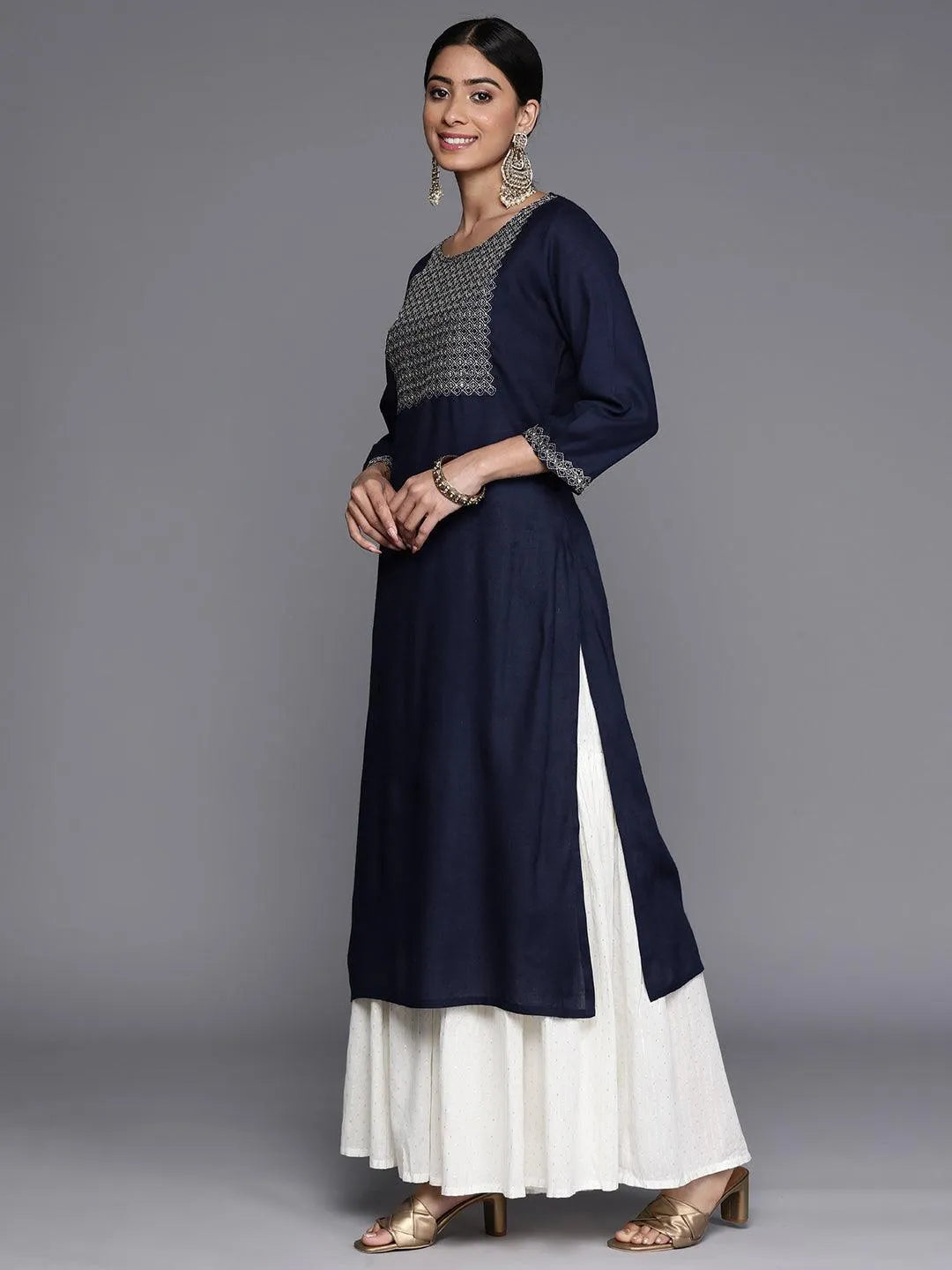 Navy Blue Yoke Design Rayon Straight Kurta - Libas 