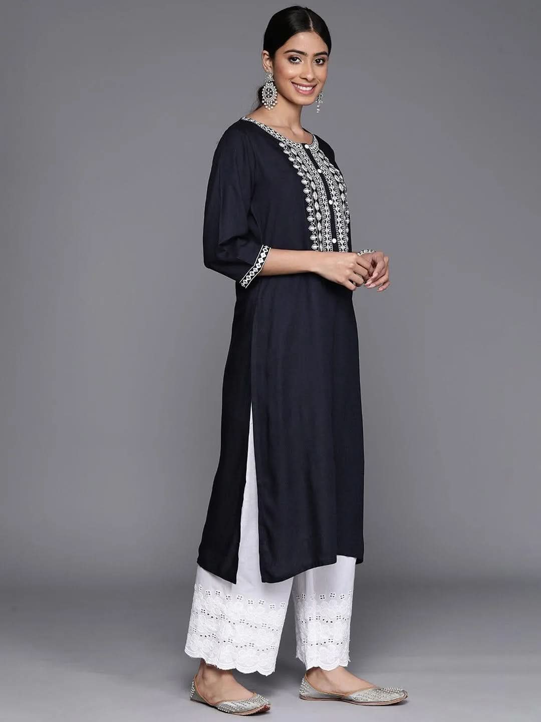 Navy Blue Yoke Design Rayon Straight Kurta - Libas 