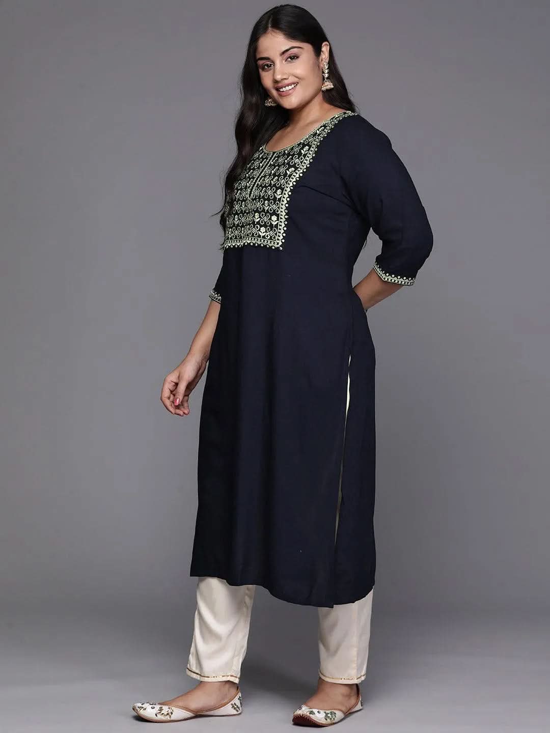 Navy Blue Yoke Design Rayon Straight Kurta - Libas 