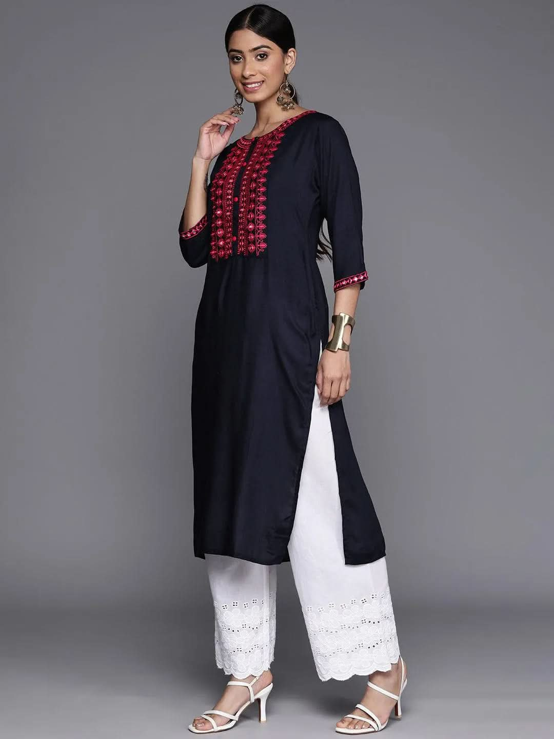 Navy Blue Yoke Design Rayon Straight Kurta - Libas