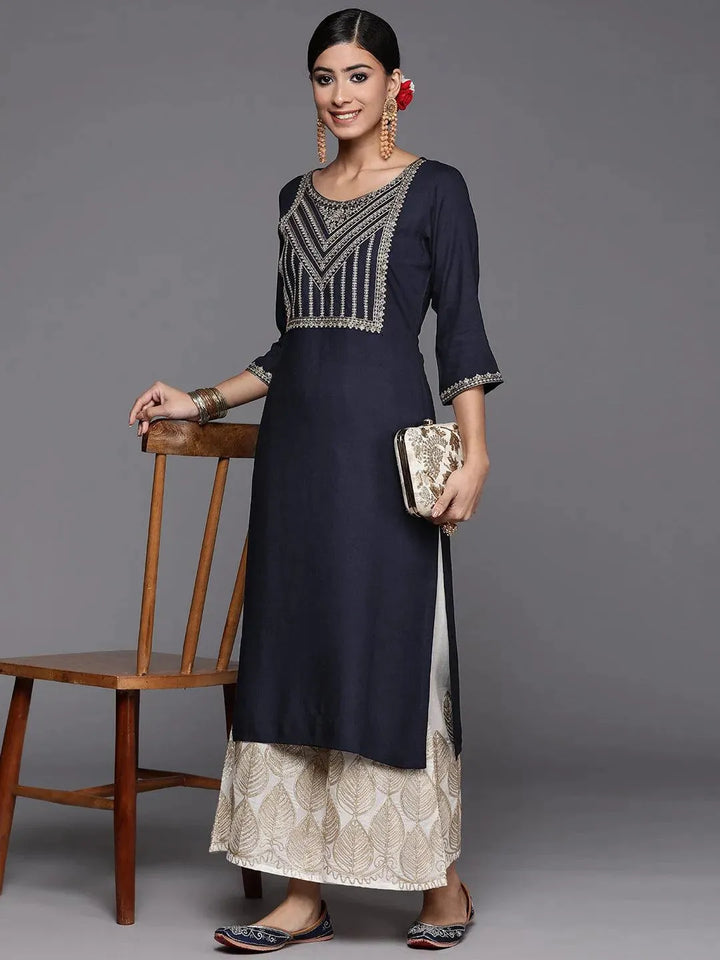 Navy Blue Yoke Design Rayon Straight Kurta - Libas