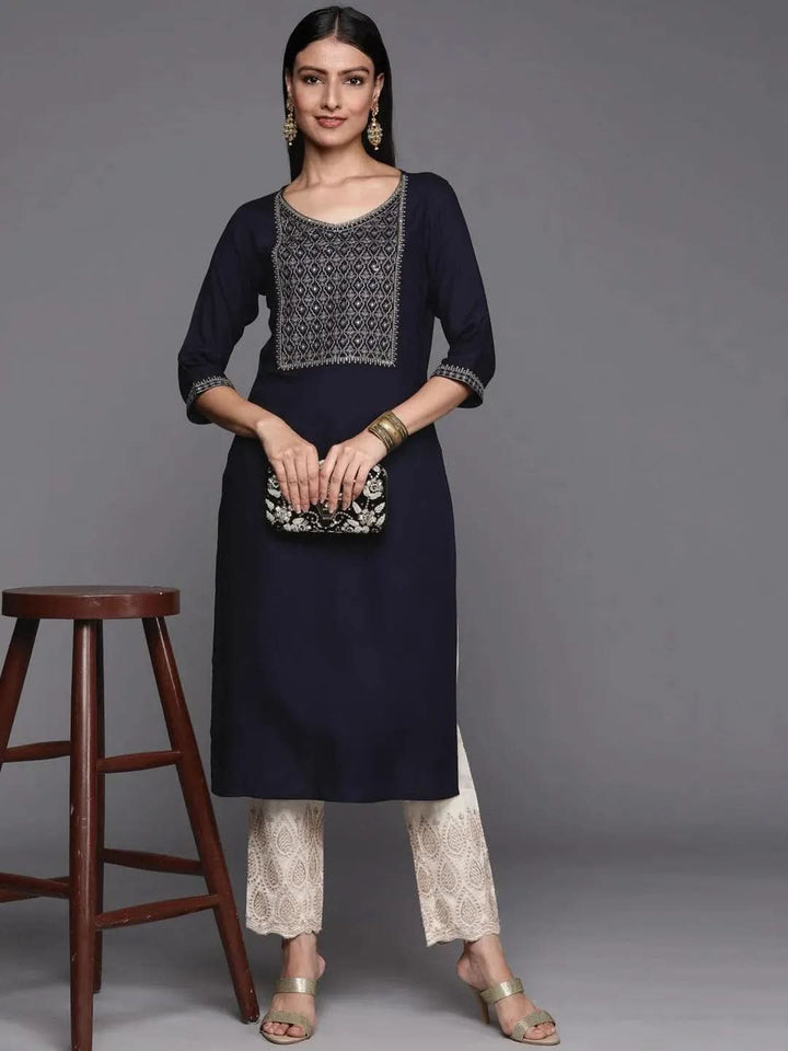 Navy Blue Yoke Design Rayon Straight Kurta - Libas