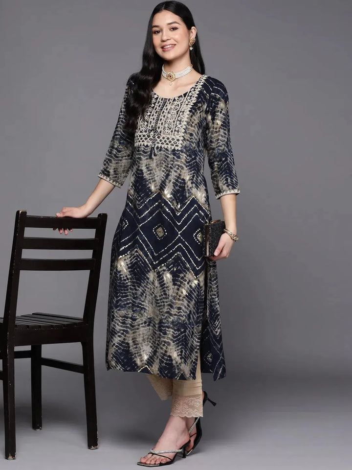 Navy Blue Yoke Design Rayon Straight Kurta - Libas