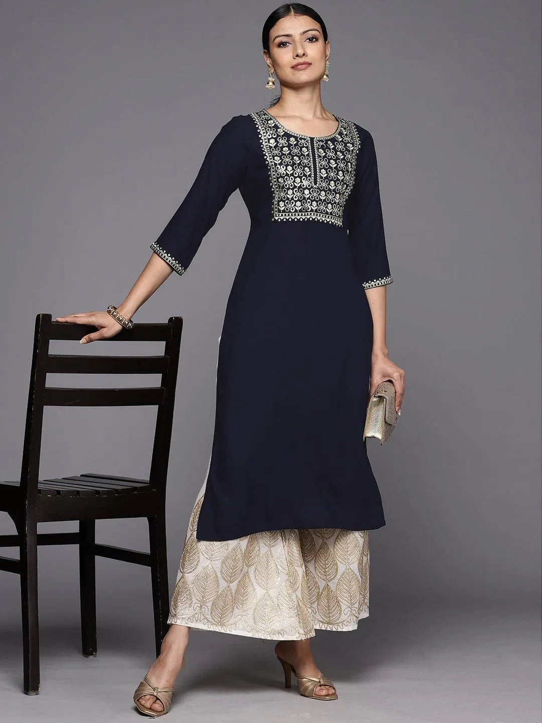 Navy Blue Printed Rayon Straight Kurta - Libas