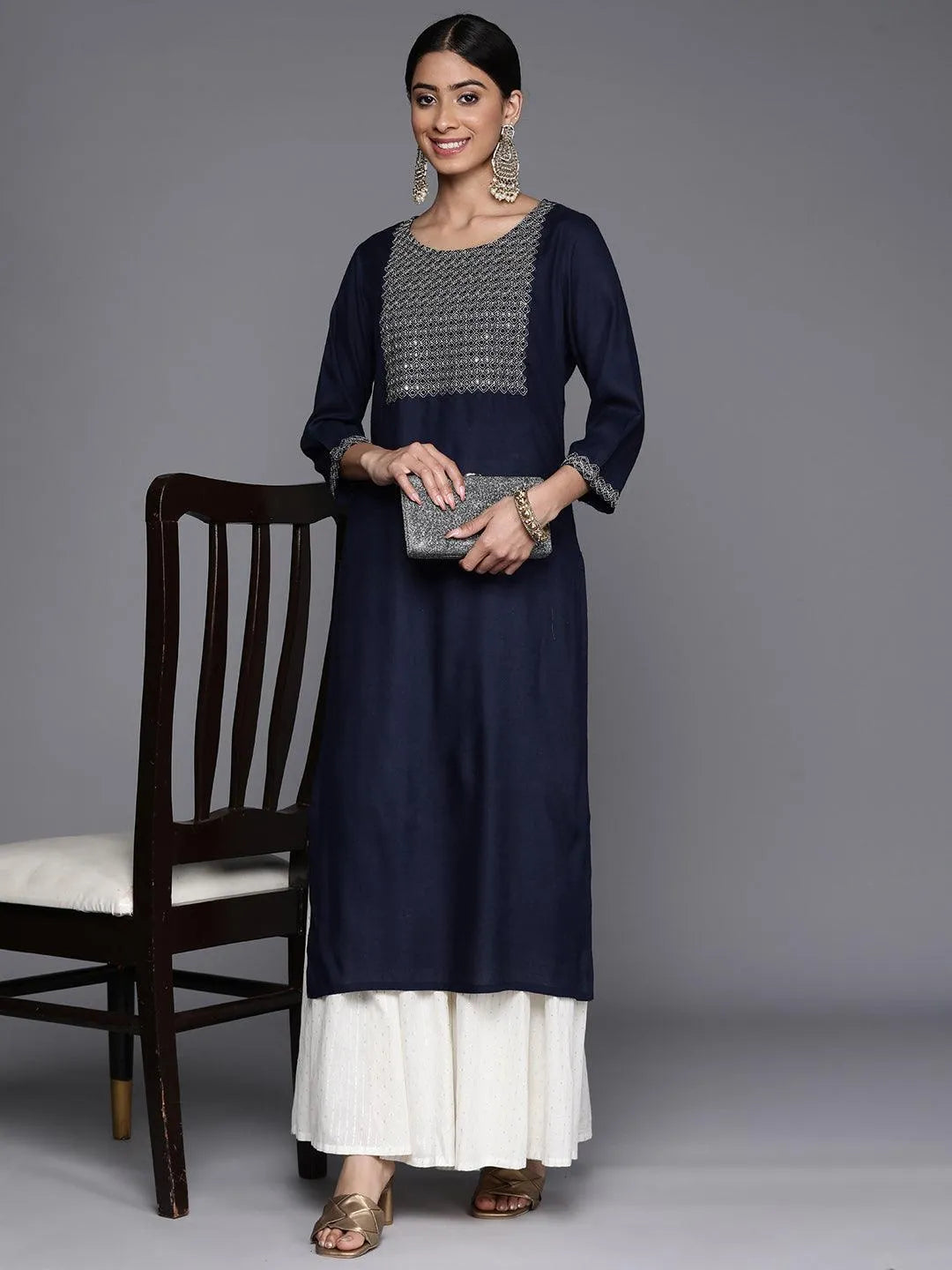 Navy Blue Yoke Design Rayon Straight Kurta - Libas 