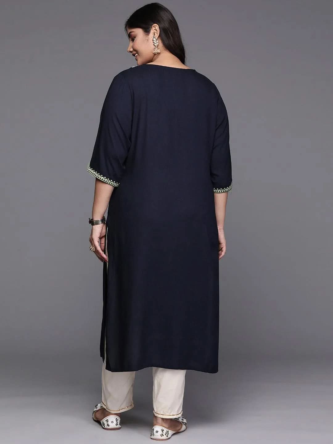 Navy Blue Yoke Design Rayon Straight Kurta - Libas 