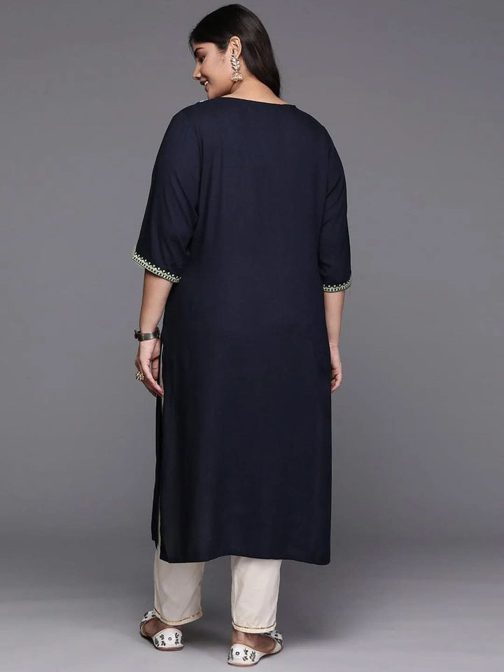 Navy Blue Yoke Design Rayon Straight Kurta - Libas