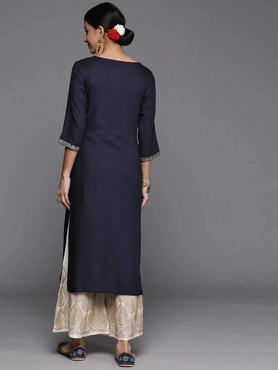 Navy Blue Yoke Design Rayon Straight Kurta - Libas 