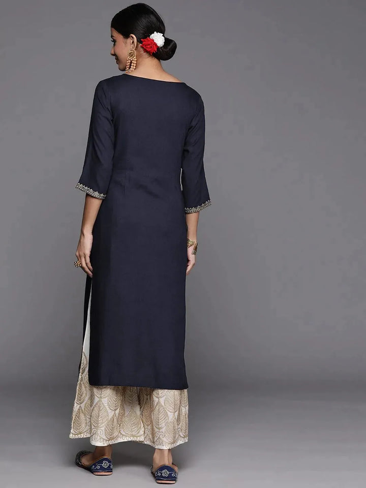 Navy Blue Yoke Design Rayon Straight Kurta - Libas