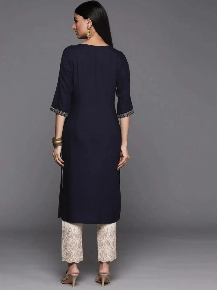 Navy Blue Yoke Design Rayon Straight Kurta - Libas