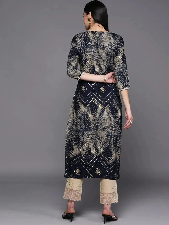 Navy Blue Yoke Design Rayon Straight Kurta - Libas