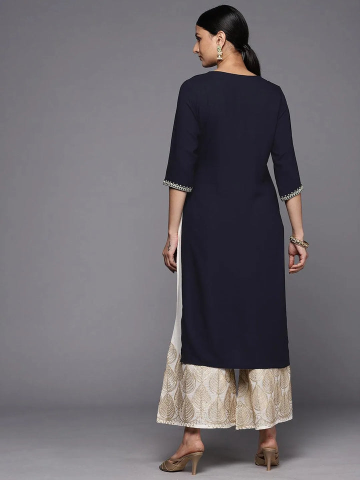 Navy Blue Printed Rayon Straight Kurta - Libas