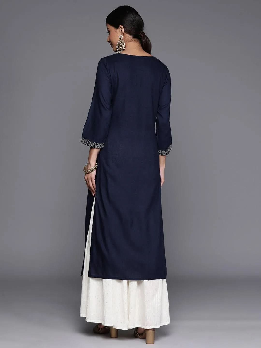 

Navy Blue Yoke Design Rayon Straight Kurta