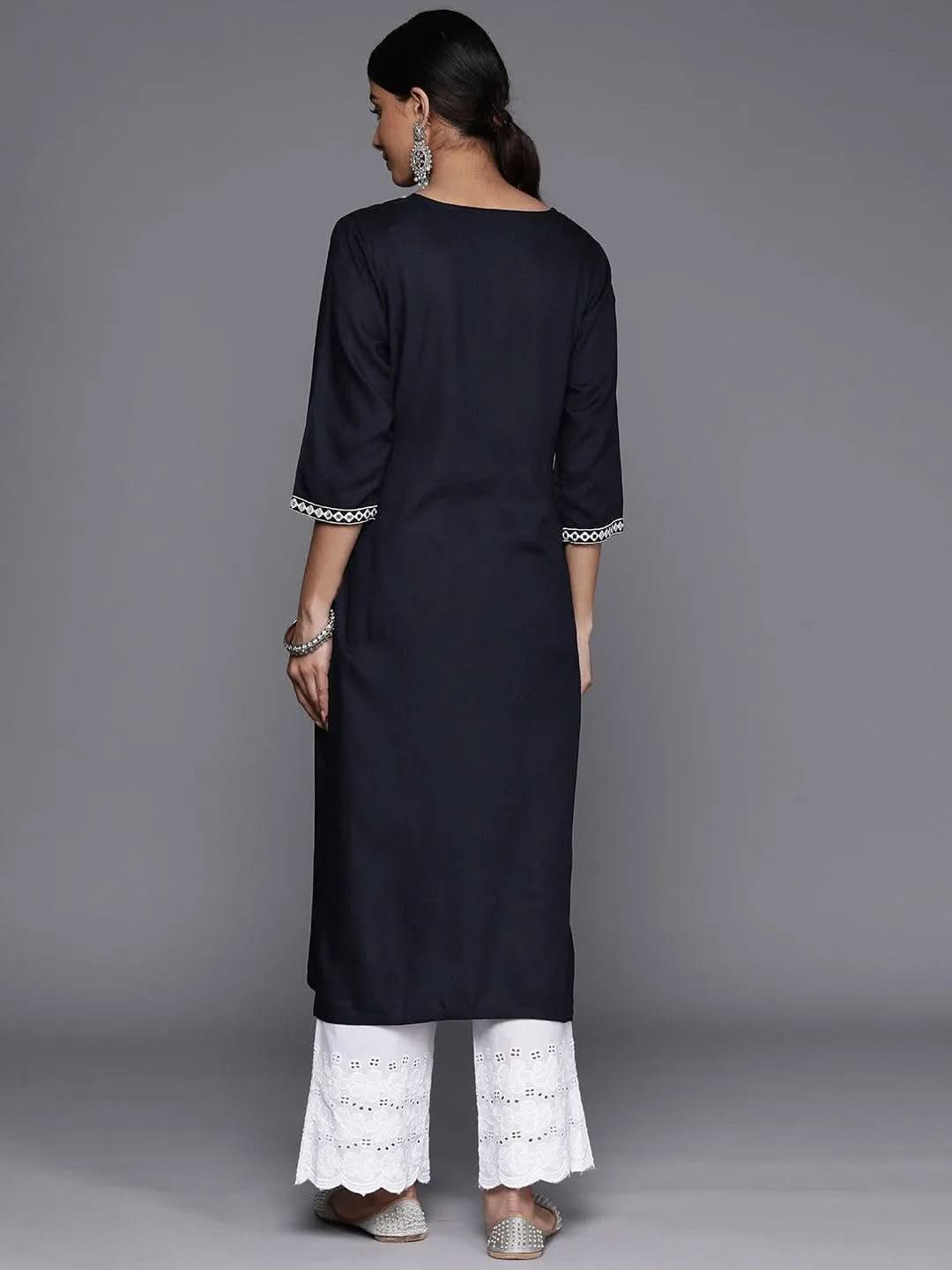 Navy Blue Yoke Design Rayon Straight Kurta - Libas 