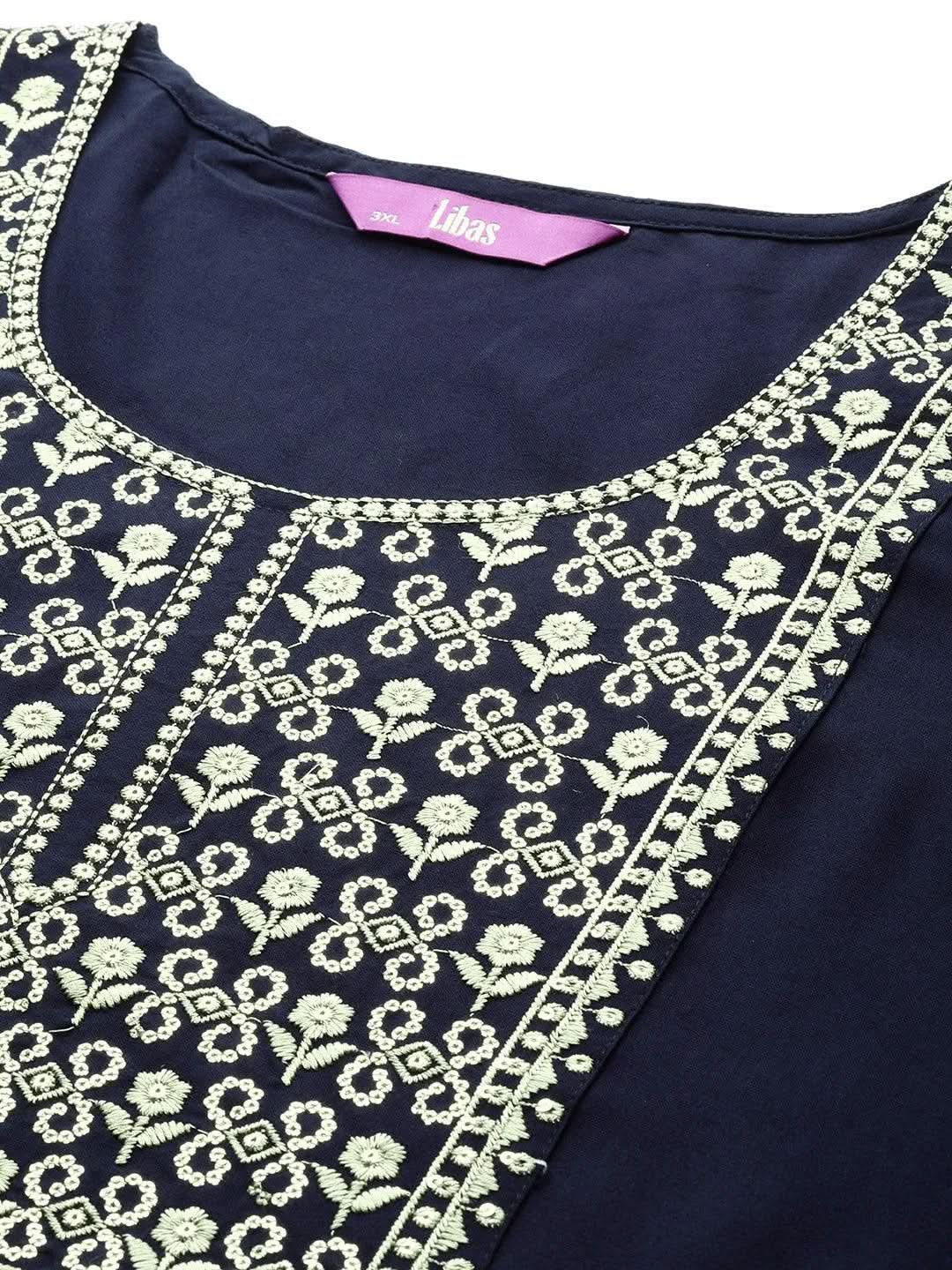 Navy Blue Yoke Design Rayon Straight Kurta - Libas 