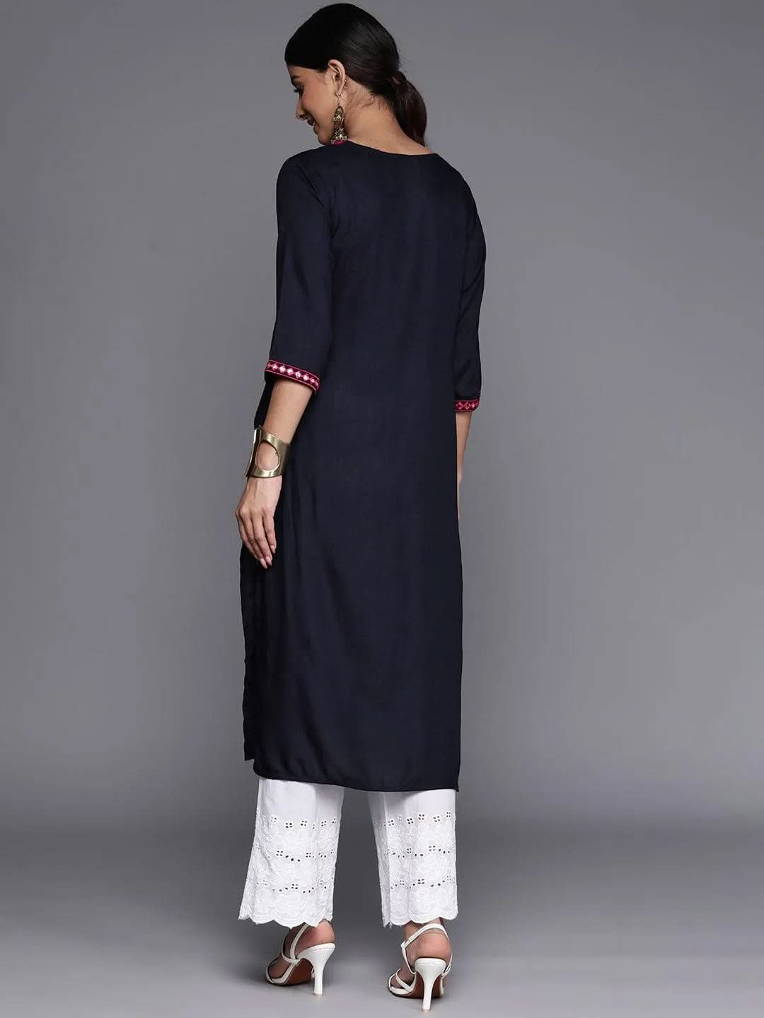 

Navy Blue Yoke Design Rayon Straight Kurta