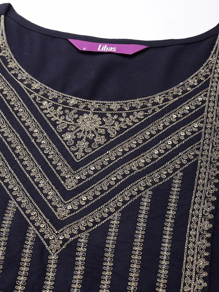 Navy Blue Yoke Design Rayon Straight Kurta - Libas