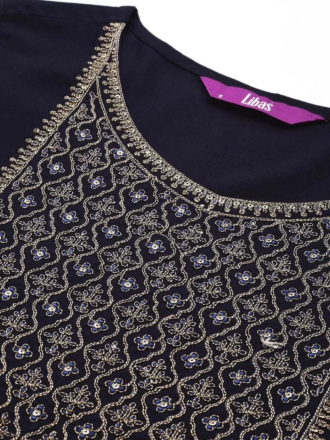 Navy Blue Yoke Design Rayon Straight Kurta - Libas 