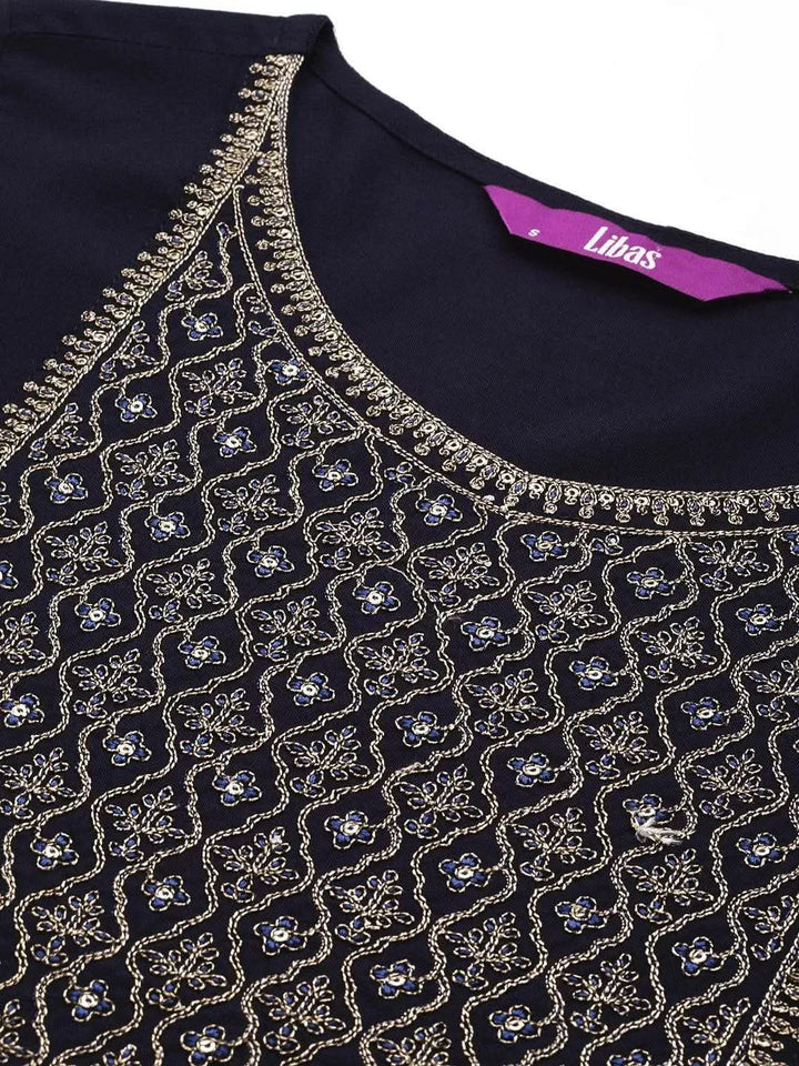 Navy Blue Yoke Design Rayon Straight Kurta - Libas