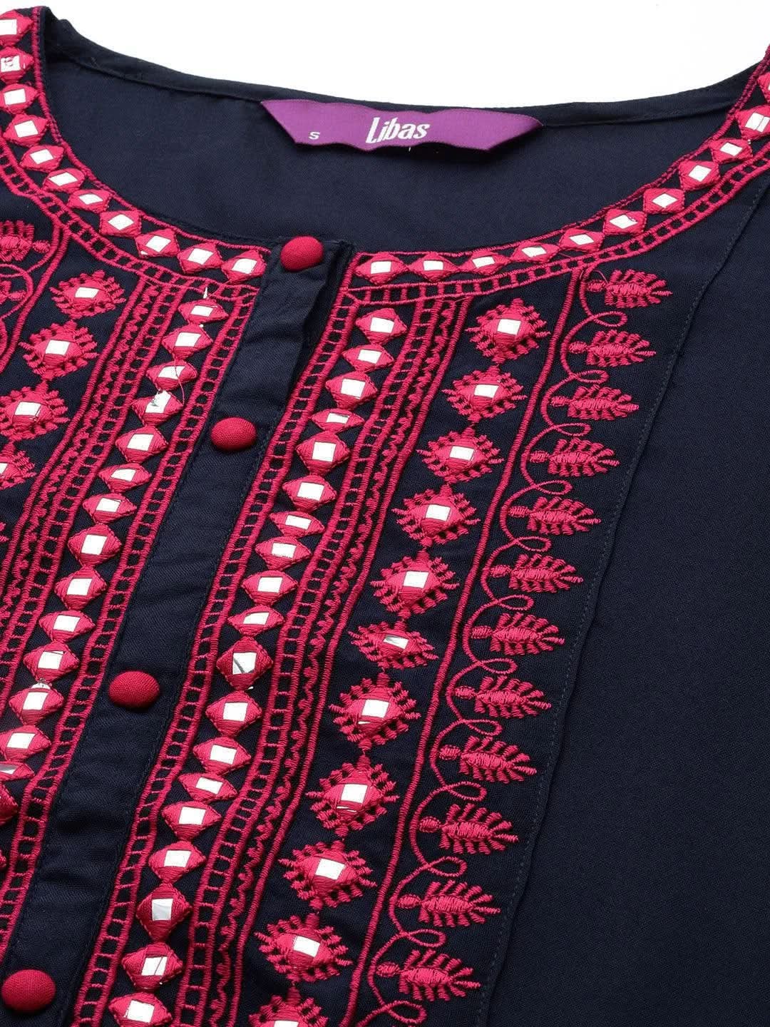 Navy Blue Yoke Design Rayon Straight Kurta - Libas 