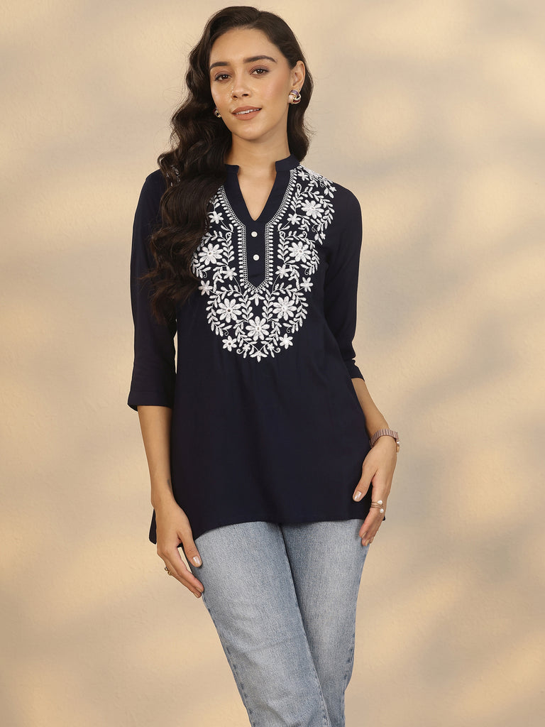 Gerua Navy blue Yoke Design Rayon Straight Short Kurti