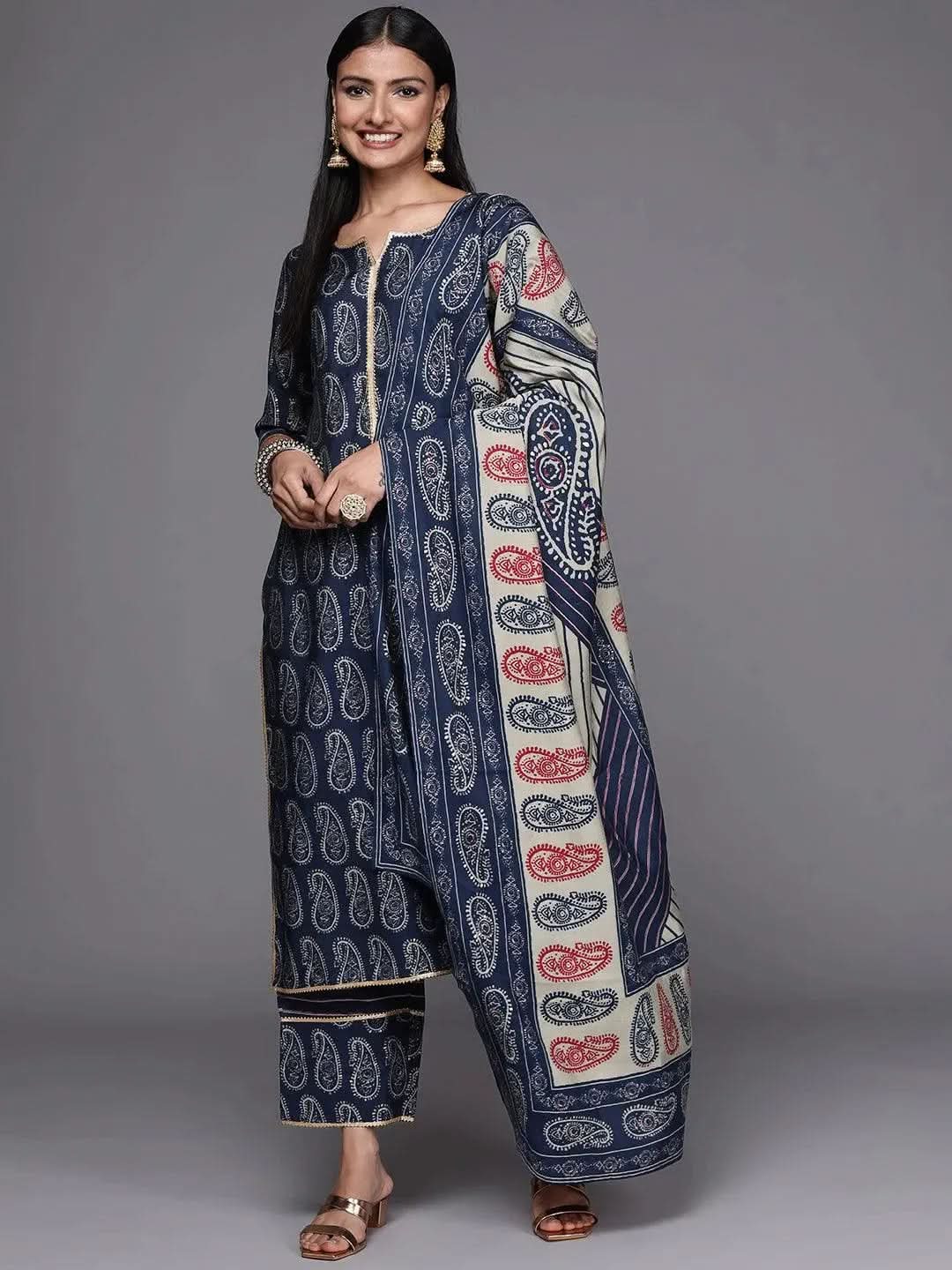 

Navy Blue Yoke Design Silk Blend Straight Kurta With Trousers & Dupatta
