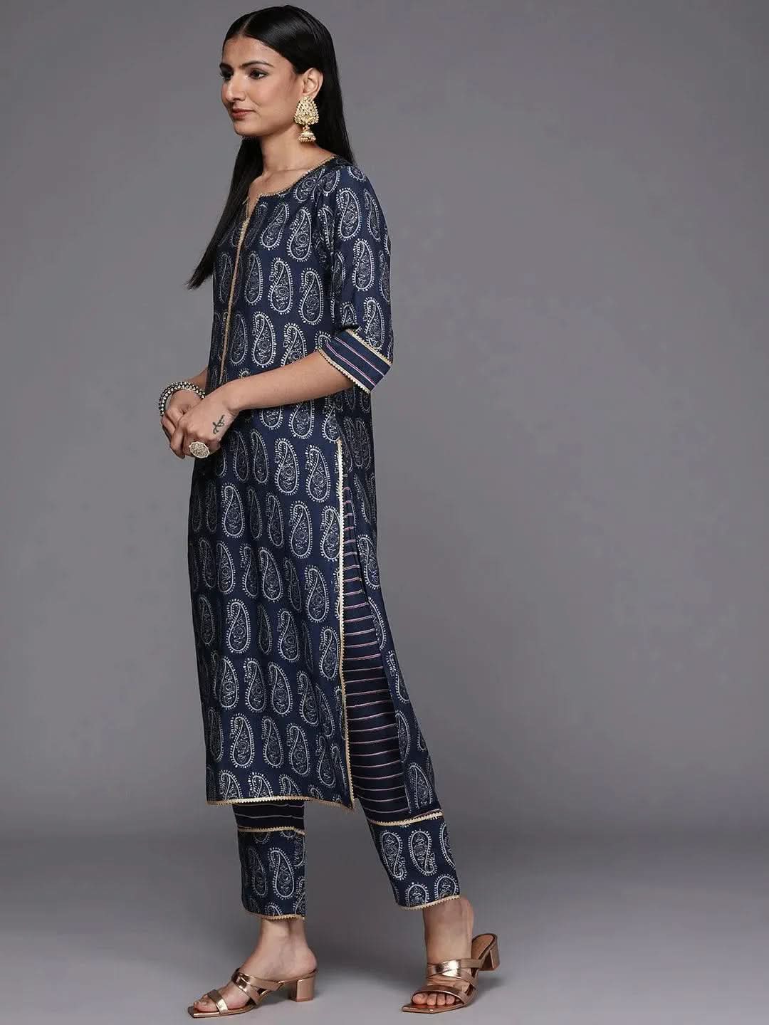 Navy Blue Yoke Design Silk Blend Straight Suit Set - Libas 