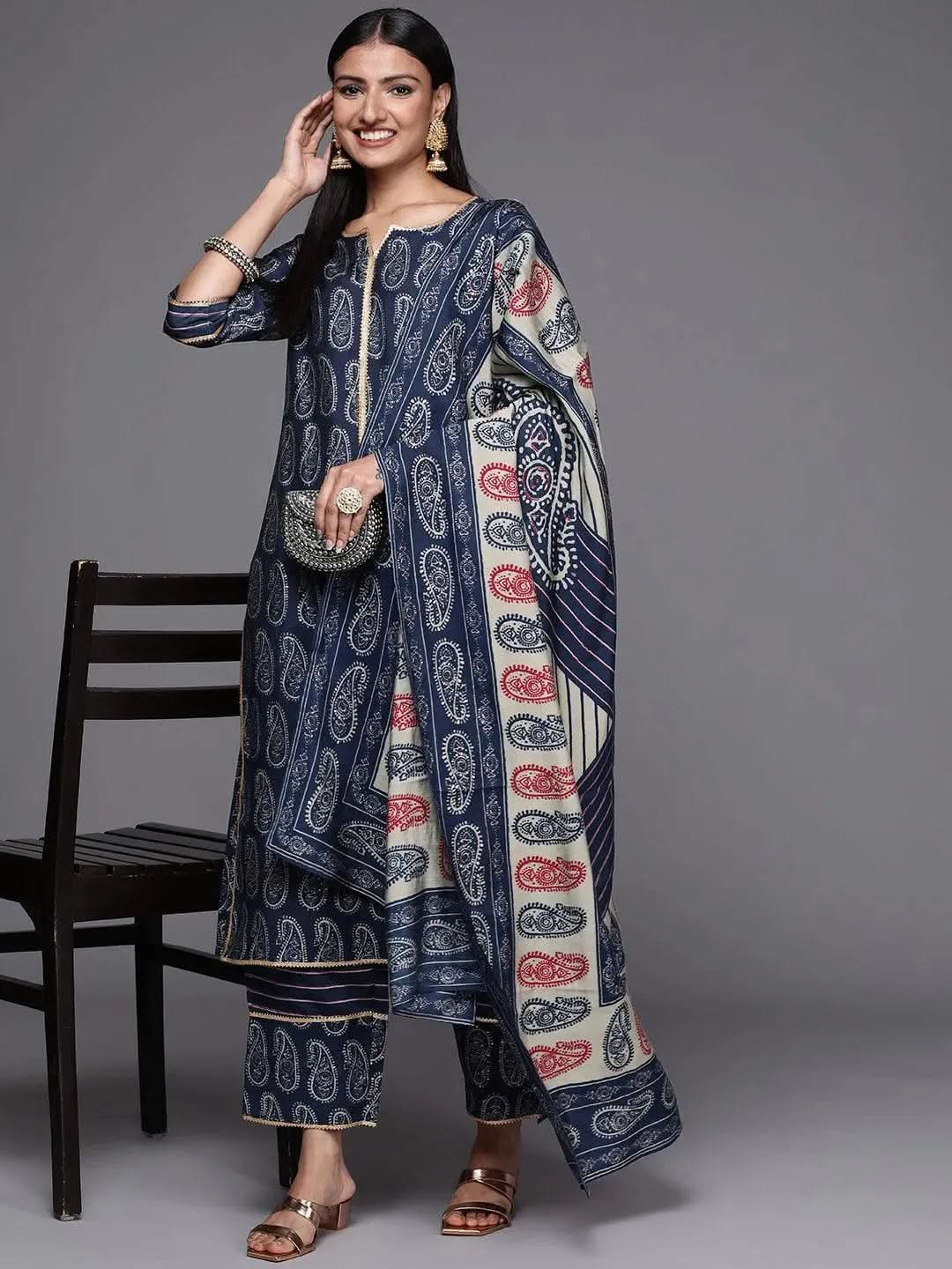 Navy Blue Yoke Design Silk Blend Straight Suit Set - Libas 