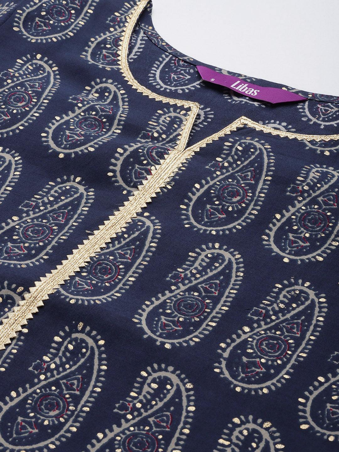 Navy Blue Yoke Design Silk Blend Straight Kurta With Trousers & Dupatta