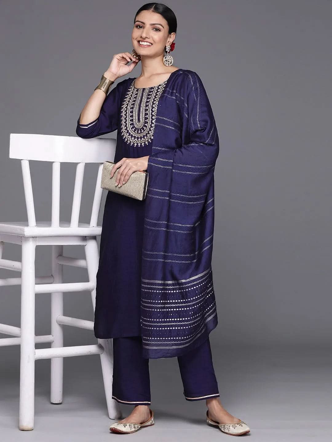 Navy Blue Yoke Design Silk Blend Straight Kurta With Trousers & Dupatta - Libas 