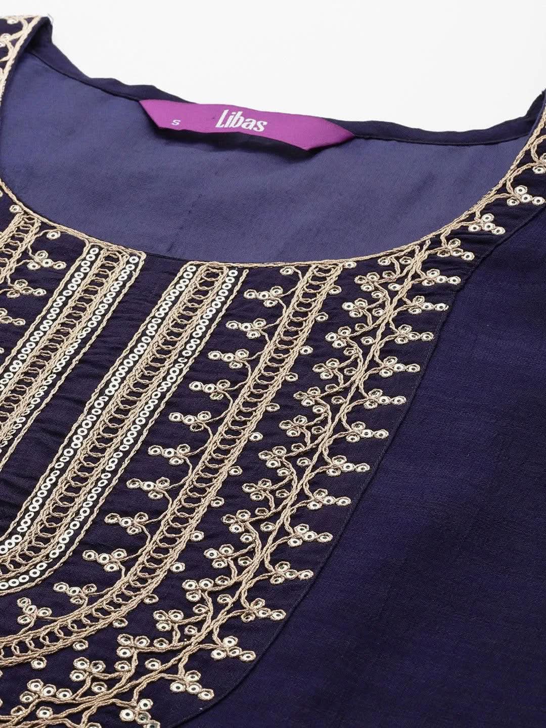 Navy Blue Yoke Design Silk Blend Straight Kurta With Trousers & Dupatta - Libas 