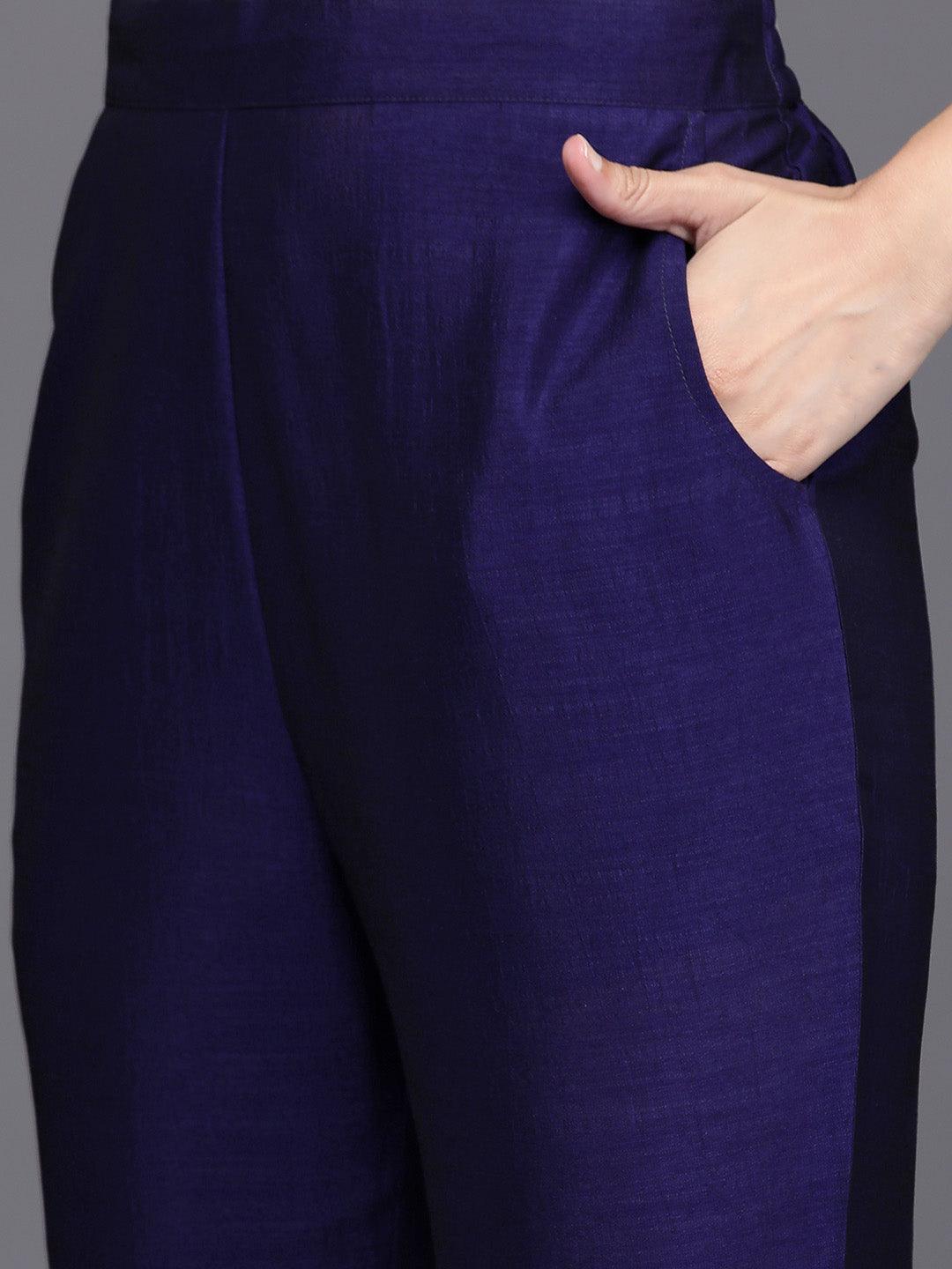 Navy Blue Yoke Design Silk Blend Straight Kurta With Trousers & Dupatta - Libas