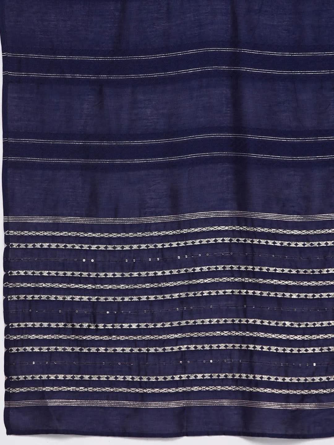 Navy Blue Yoke Design Silk Blend Straight Kurta With Trousers & Dupatta - Libas 