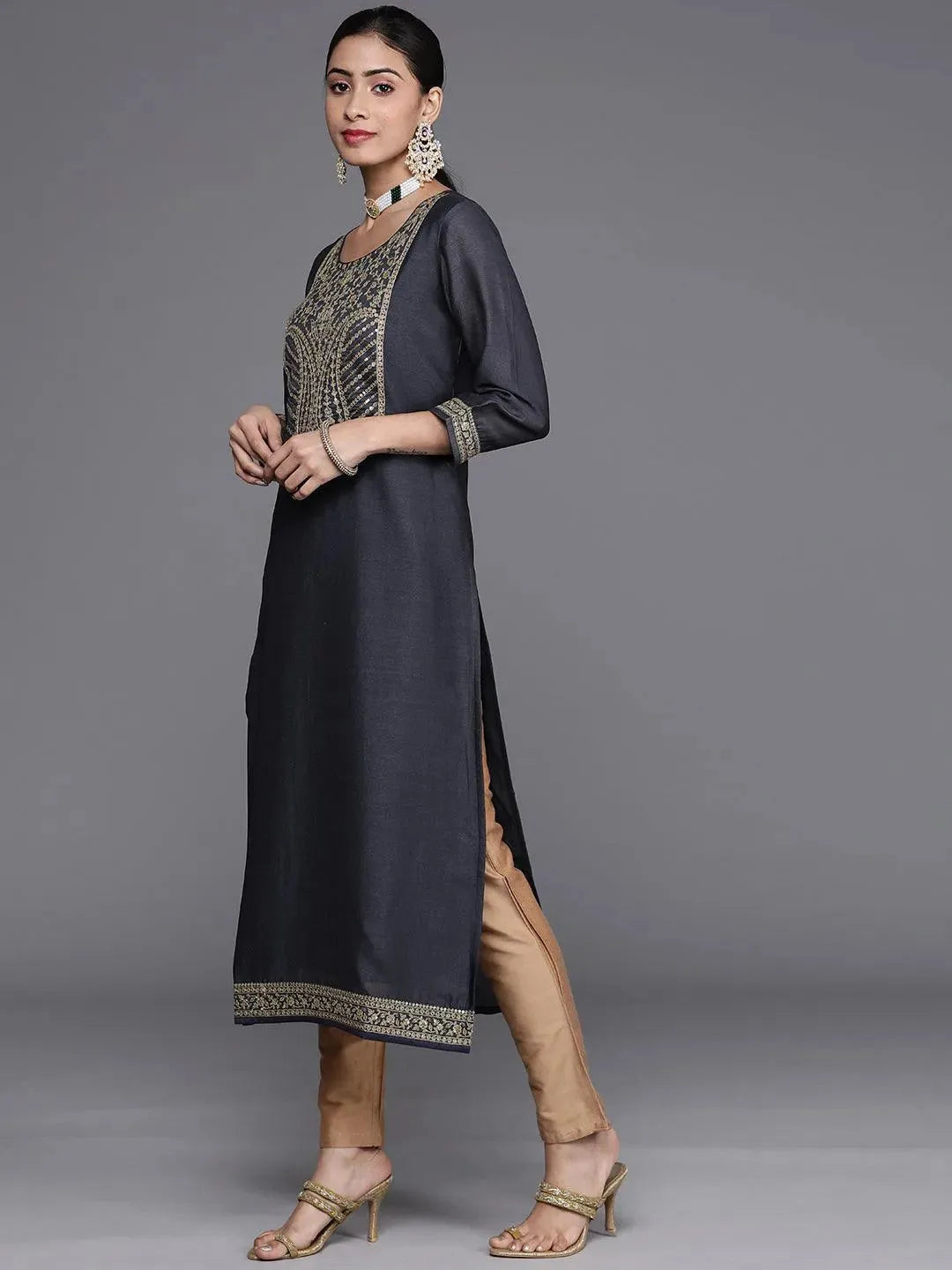 Navy Blue Yoke Design Silk Kurta - Libas 