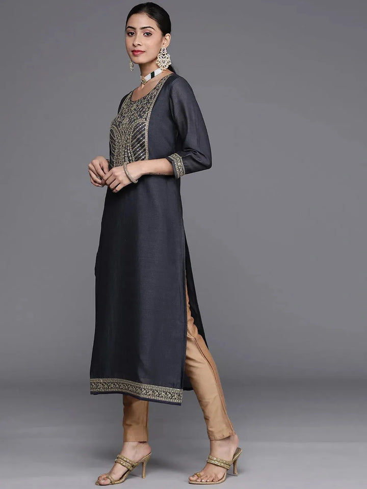 Navy Blue Yoke Design Silk Kurta - Libas