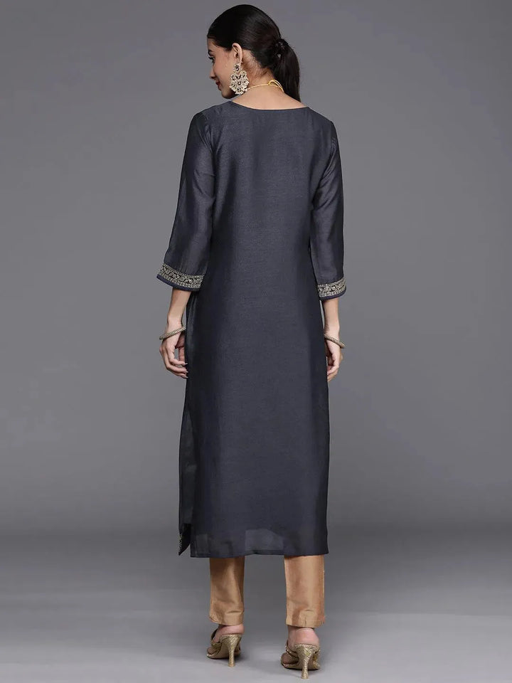 Navy Blue Yoke Design Silk Kurta - Libas