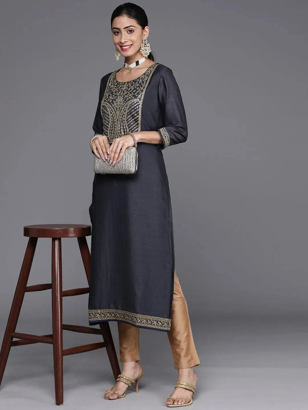 Navy Blue Yoke Design Silk Kurta - Libas 