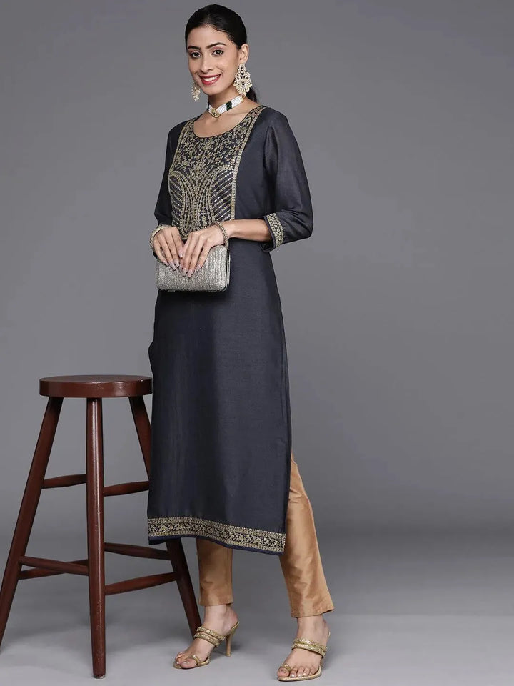 Navy Blue Yoke Design Silk Kurta - Libas