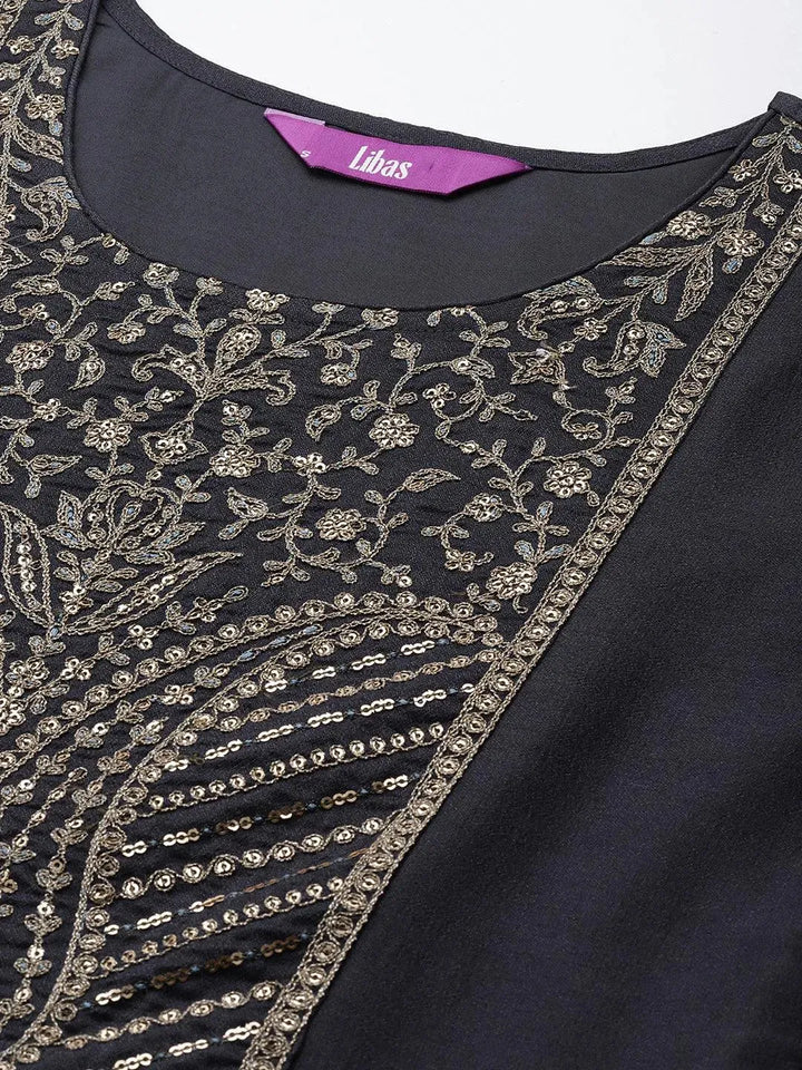 Navy Blue Yoke Design Silk Kurta - Libas