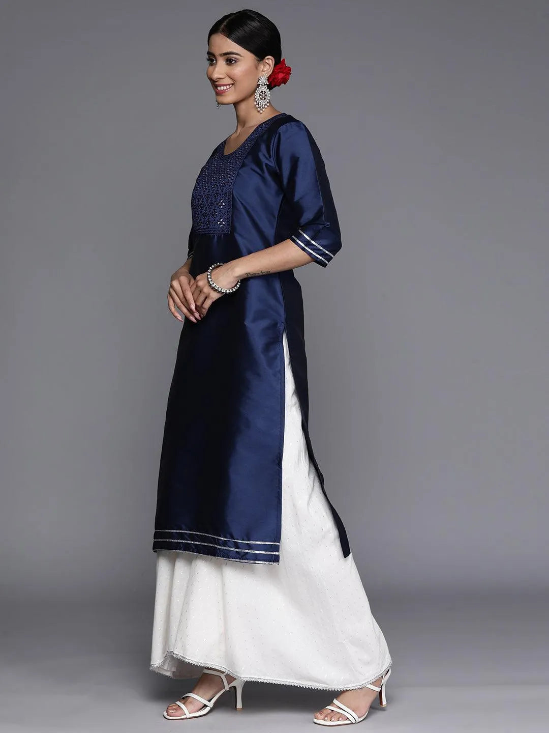 Navy Blue Yoke Design Silk Straight Kurta - Libas 