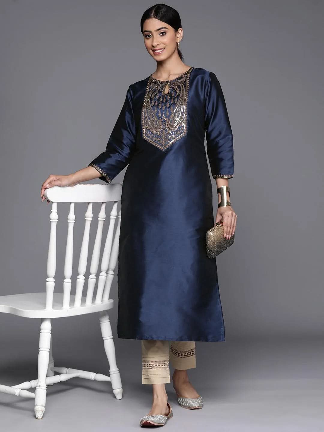Navy Blue Yoke Design Silk Straight Kurta - Libas 
