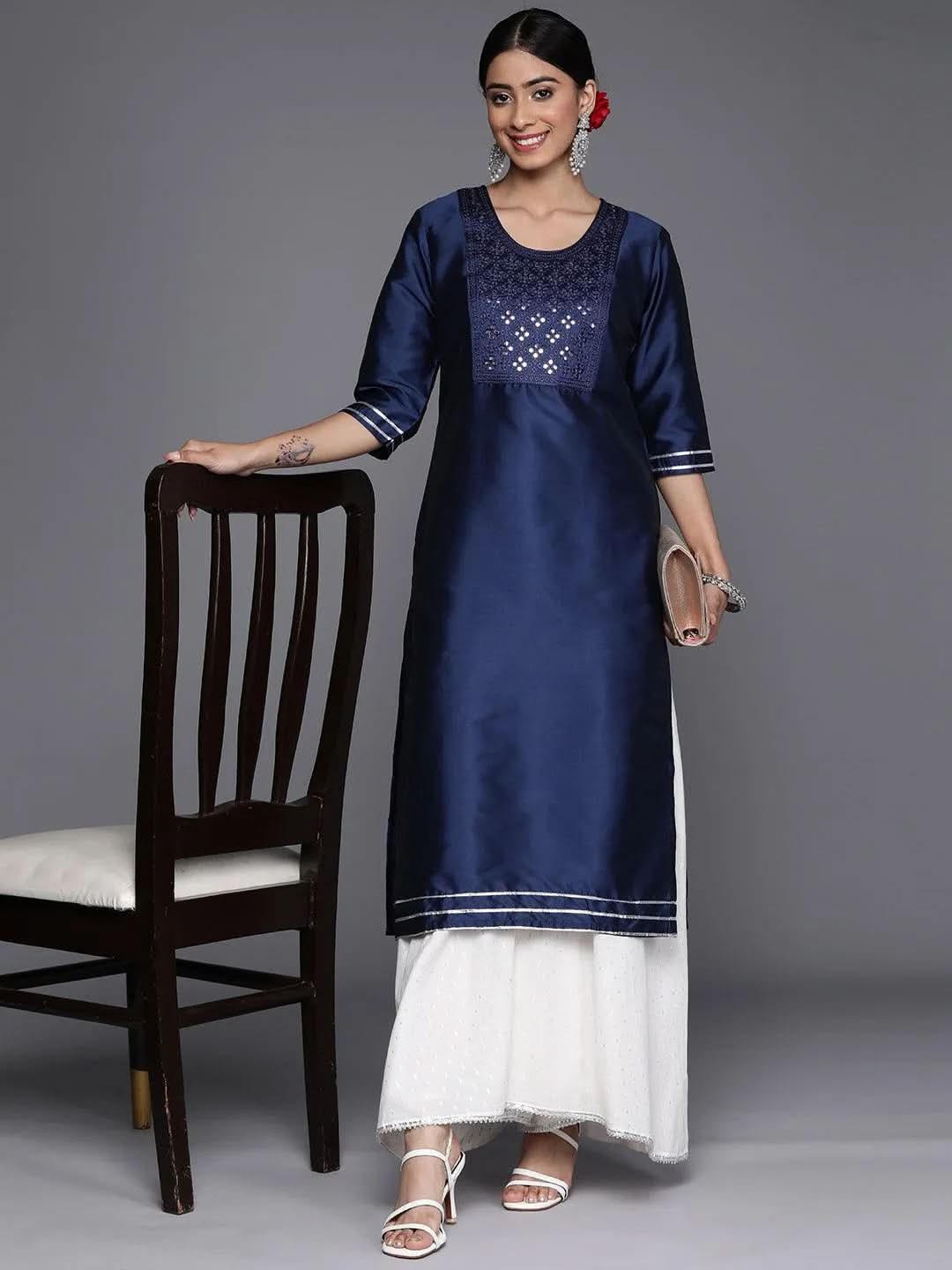 

Navy Blue Yoke Design Silk Straight Kurta