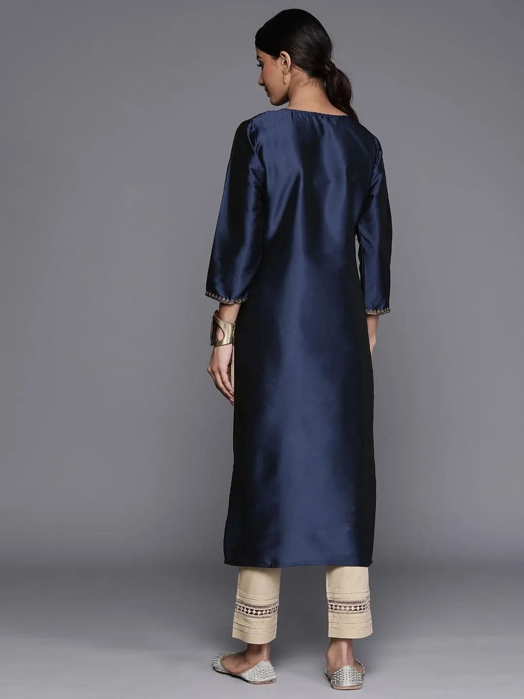 Navy Blue Yoke Design Silk Straight Kurta - Libas 